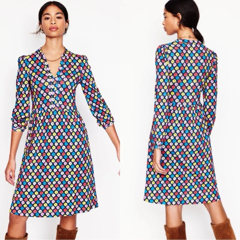 BODEN Naomi Floral Long Sleeve A-line Floral Colorful V-neck Mii Dress Sz 10 - Picture 1 of 6